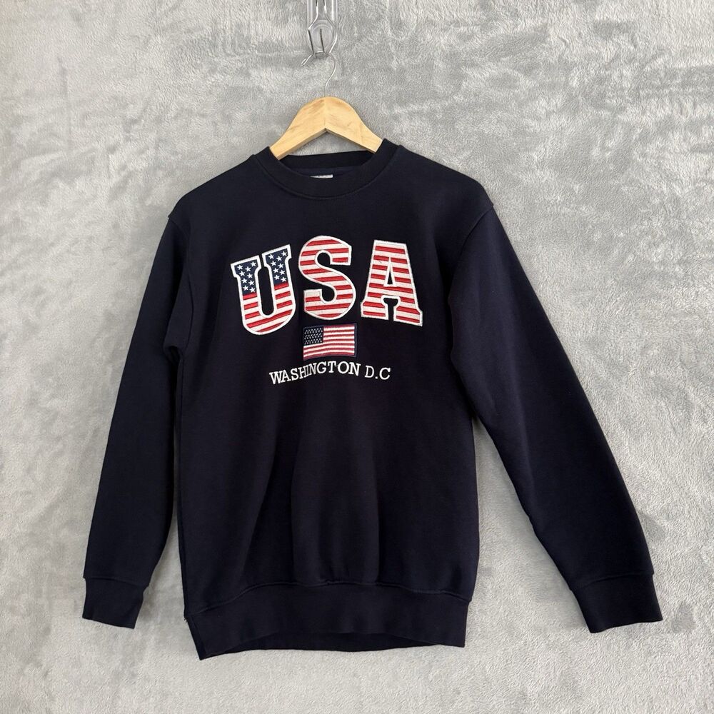 Anwa USA Washington DC Sweatshirt Small Navy Embroidered American Flag